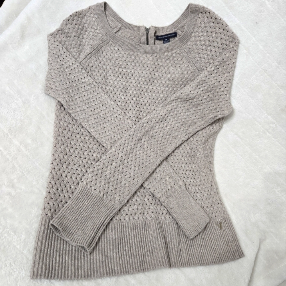 American Eagle Cable Knit Preppy Sweater Sm Beige Khaki Zip Back‎ Lightweight